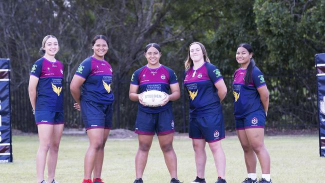 L-R: Ariana Henderson, Lina Tanielu, Shalom Sauaso, Rilee Jorgensen and Dmaris Setu posing at Ipswich State High School, 1 Hunter St, Brassall, Brisbane, 20th of May 2021. (News Corp/Attila Csaszar)