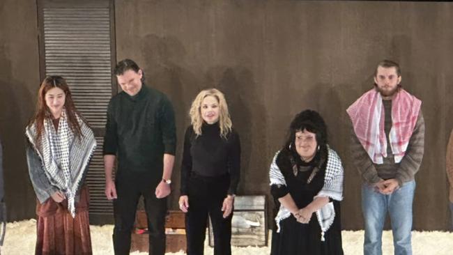 Harry Greenwood, right, along with co-stars Megan Wilding and Mabel Likeffiyeh scarves during the encore at the opening night of the STC production of The Seagull at Sydney’s Roslyn Packer Theatre. Picture: Instagram