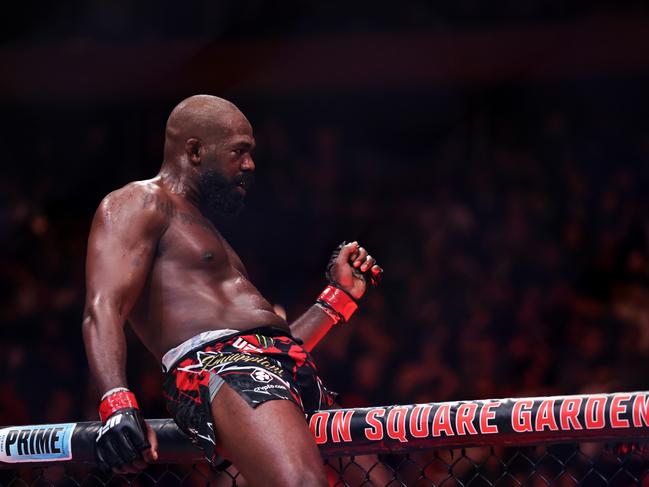 Jon Jones celebrates his title victory. Picture: Sarah Stier/Getty Images