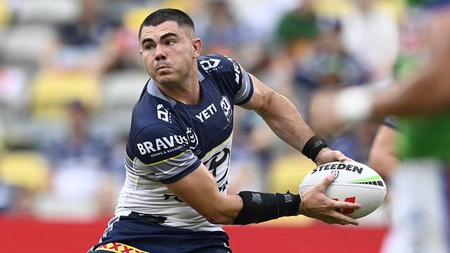 Jake Clifford of the Cowboys passes the ball during the round four NRL match between North Queensland Cowboys and Canberra Raiders at Queensland Country Bank Stadium, on March 29, 2025, in Townsville, Australia. (Photo by Ian Hitchcock/Getty Images)