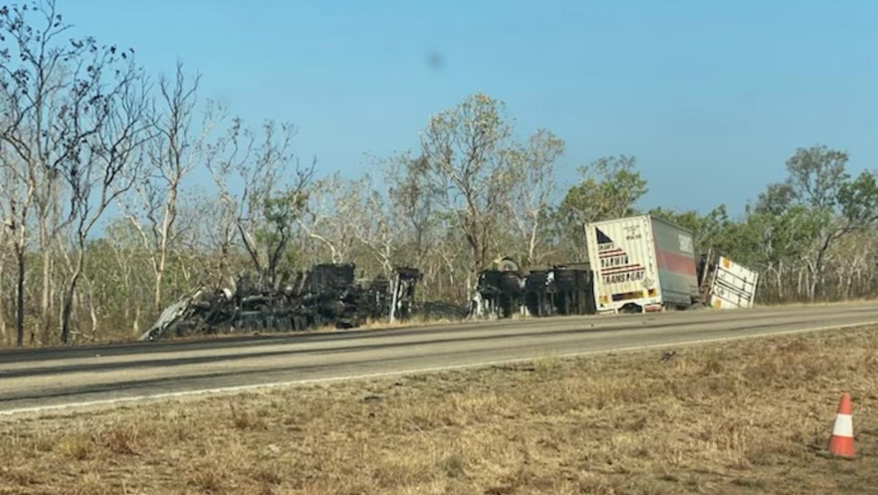 Multiple people have died in a horrific truck and car crash on the Stuart Highway about 12km south of Pine Creek about 4.15pm Friday, September 29, 2023. Picture: Sierra Haigh