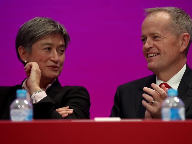 Senator Penny Wong and Labor leader Bill Shorten on day three of the Labor Party National Conference in Adelaide, Tuesday, December 18, 2018. Labor's 48th National Conference will be held from December 16-18, 2018 at the Adelaide Convention Centre. (AAP Image/Kelly Barnes) NO ARCHIVING