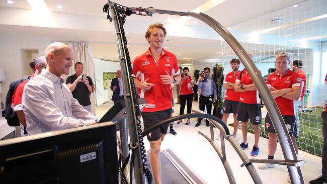 Callum Mills tries a state-of-the-art treadmill at the Aspetar Centre of Excellence in Qatar. Picture: Phil Hillyard