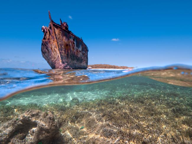 SHIP WRECK The shipwreck of the HMCS Protector is another of the dive sites for the scUber submarine. It’s the only Australian owned vessel to have served three wars and in 1945 it was towed to Heron Island and scuttled to serve as a breakwater. Picture: Mark Fitz