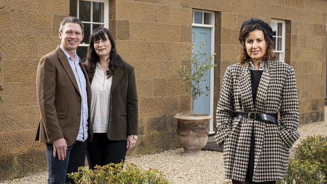 Home owners Stuart and Karen Miles with Grand Designs Transformations host Yasmine Ghoniem in Oatlands, Tasmania. Picture: Brad Harris