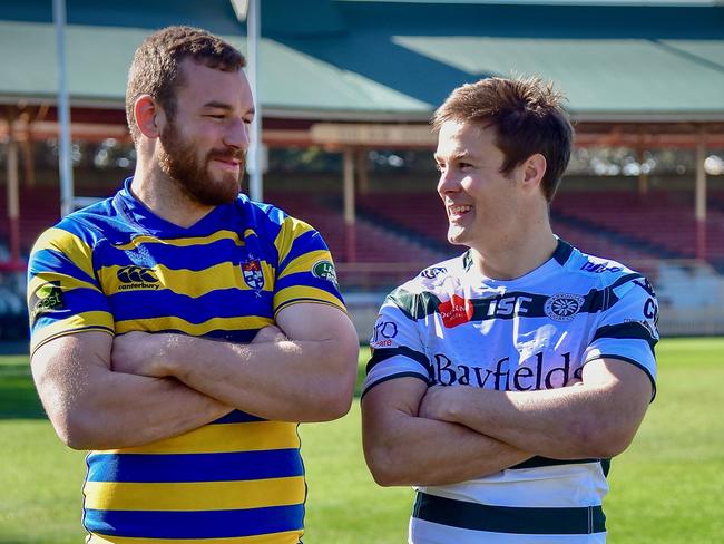 Shute Shield captains Rohan O’Regan (Sydney Uni) and Hamish Angus (Warringah).