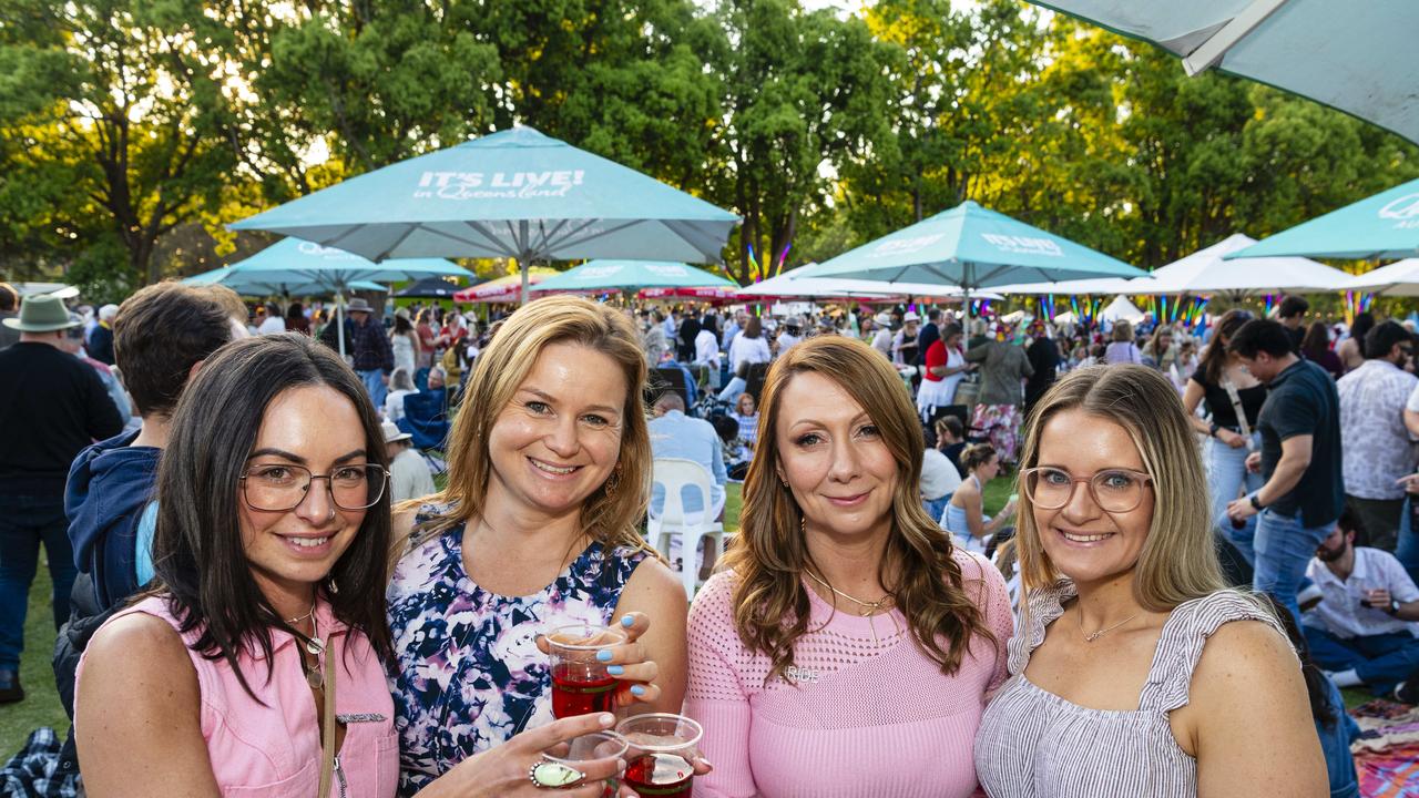 At Toowoomba Carnival of Flowers Festival of Food and Wine are (from left) Renee Zietek, Sarah Lanz, Leisa McMahon and Larissa Beutel celebrating Leisa's upcoming wedding, Saturday, September 14, 2024. Picture: Kevin Farmer