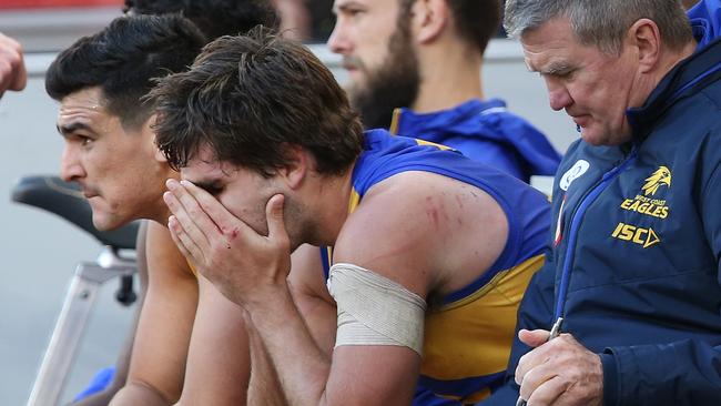 Andrew Gaff sits on the bench after punching Andrew Brayshaw. Picture: Getty Images