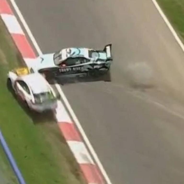 Zane Goddard skids out of control across the track at Bathurst. Picture: Fox Sports