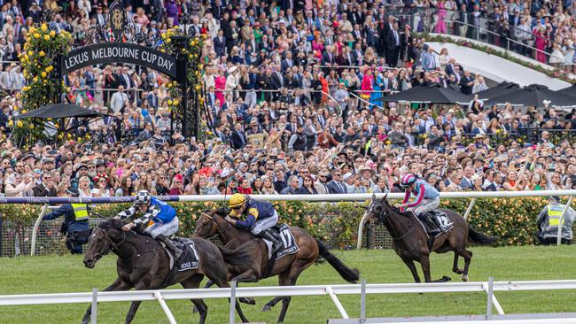 Gold Trip defeated Emissary and High Emocean in front of a huge Flemington crowd. Picture: Jason Edwards