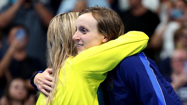 Katie Ledecky and Ariarne Titmus embrace on the podium in Paris. Picture: Getty Images