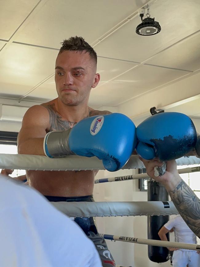 Moments after he was cut in his last sparring session. Photo: Brendan Bradford