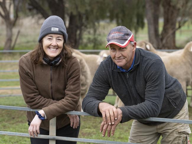 Bendigo Sheep and Wool Show Preview 2024PICTURED: Roger and Mel Marsh and their Merino rams on farm at Avonmore.Picture: Zoe Phillips