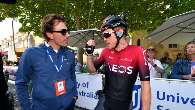 Fabian Cancellara chats with Rohan Dennis during Stage 1. Picture: Tim de Waele/Getty Images