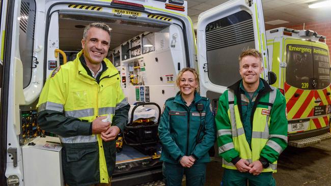 Mr Malinauskas with paramedics Luke Nottage and Jess Bastian. Picture: Brenton Edwards