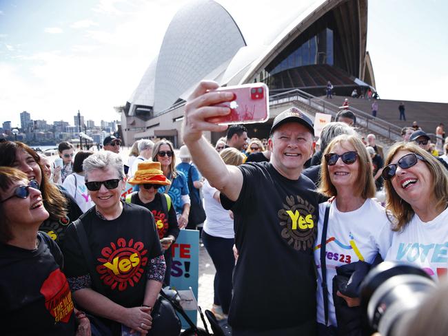 Prime Minister Anthony Albanese with Yes campaign supporters. Picture: Sam Ruttyn