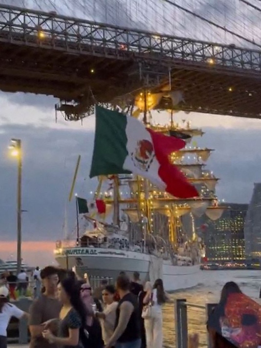 This frame grab made from footage courtesy of @Corso52 via X, shows the vessel as it slams into the Brooklyn Bridge. Picture: @Corso52/AFP