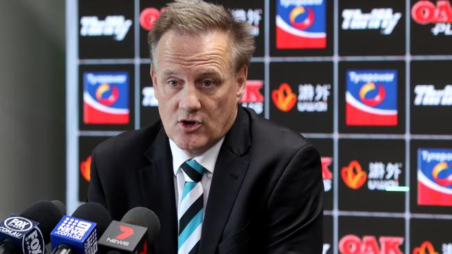 Port Adelaide chief executive Keith Thomas says the club has moved its member convention to the Entertainment Centre this year. Picture: Kelly Barnes (AAP)