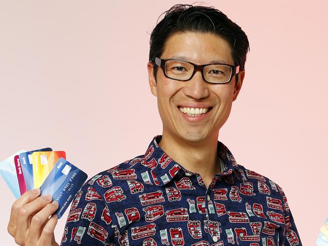 EMBARGO SUNDAY AUGUST 16. NO NEWS.COM/NO THE AUSTRALIAN//NO SKY NEWS : TRAVEL TRENDS FOR 2021 NETWORK - 9/7/20Steven Hui - The frequent Flyer points whisperer, pictured with credit cards that he believes is the best way to create points during the travel bans through COVID-19 pandemic. Picture: Sam Ruttyn