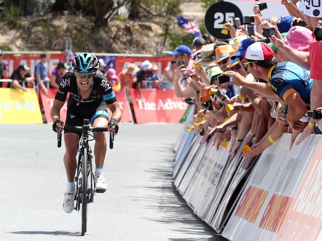 Richie Porte on his way to claiming back-to-back stage wins on Willunga Hill during last year’s TDU. Photo: Sarah Reed.