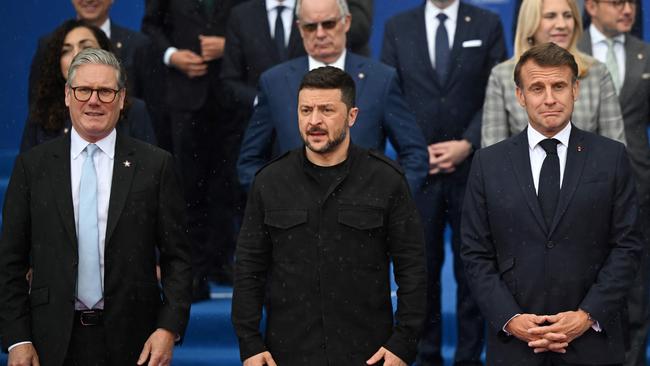 British PM Keir Starmer, left, Ukrainian President Volodymyr Zelensky and French President Emmanuel Macron at a European Political Community summit in Tirana, Albania on Friday. Picture: AFP