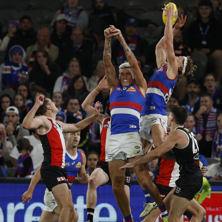 Aaron Naughton flies for a big pack mark before kicking his sixth goal in the Western Bulldogs’ 60-point thumping of St Kilda. Picture: Michael Klein
