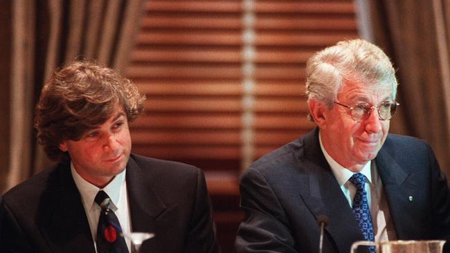 Sir Frank and David Lowy at the Westfield annual general meeting. Picture: Uwe Kuessner