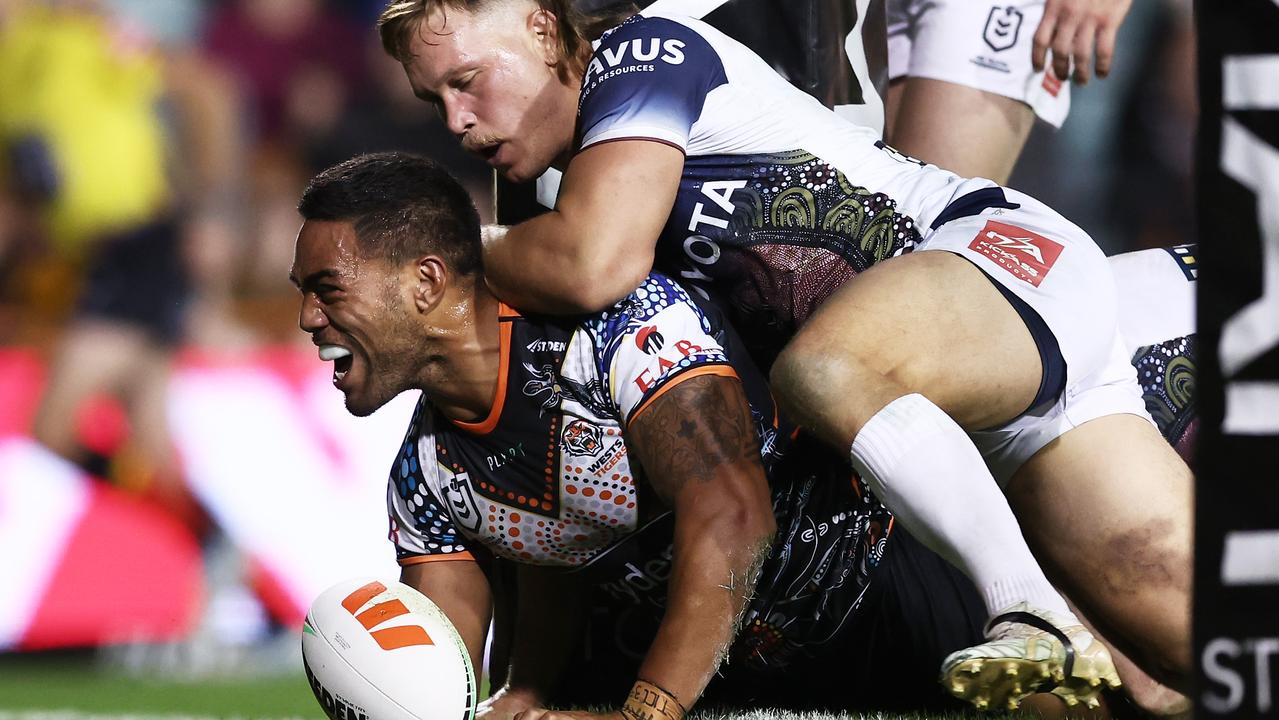 Ofahengaue finished his Tigers career with a rare try in the big win over North Queensland. Picture: Matt King/Getty Images