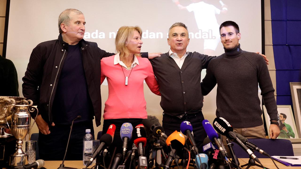 From left to right, the family of Novak Djokovic: his uncle Goran, his mother Dijana, his father Srdjan and his brother Djordje. Picture: AFP