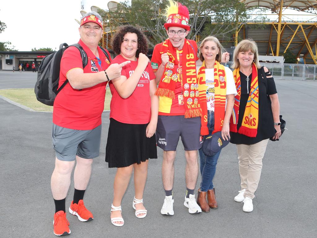 The Gold Coast Suns will host its first AFLW final when they take on the Sydney Swans on Saturday night. Terry Vanes, Zahra Vanes, Lynton Martin, Sharon Edwards and Vicki Shepherd. 11 November 2023 Carrara Picture by Richard Gosling