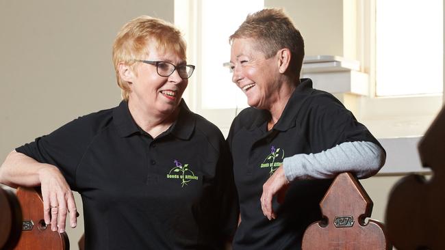 Co-founders Anna Kemp and Linda Fisk before a Seeds of Affinity meeting in Semaphore. Picture: Matt Loxton