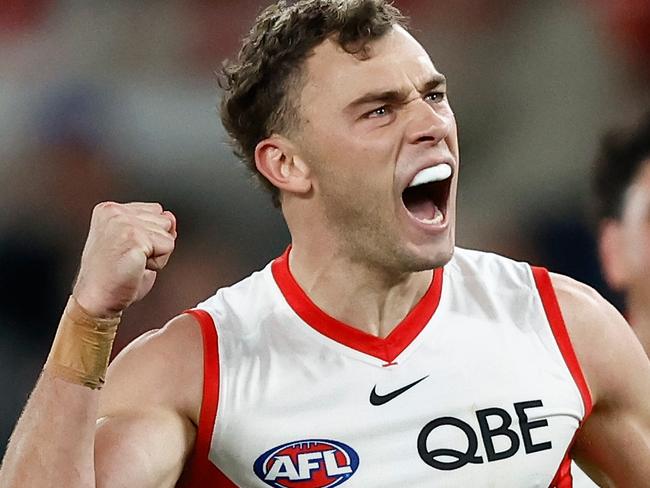 MELBOURNE, AUSTRALIA - MAY 23: Will Hayward of the Swans celebrates a goal during the 2024 AFL Round 11 match between the Western Bulldogs and the Sydney Swans at Marvel Stadium on May 23, 2024 in Melbourne, Australia. (Photo by Michael Willson/AFL Photos via Getty Images)
