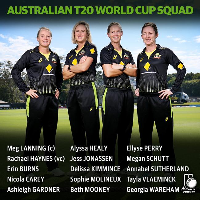 Australia’s T20 World Cup squad includes Alyssa Healy, Ellyse Perry, Meg Lanning and Rachael Haynes. Picture: Steve Pohlner