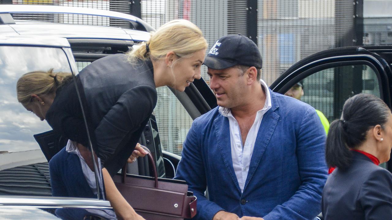 Karl Stefanovic and Jasmine Yarbrough arrive at Sydney airport to catch a flight to Mexico for their wedding. Picture: Media Mode