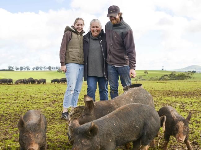 Jono Hurst, Nat Hardy and their daughter, Ruby, run British White cattle, Berkshire pigs, Finn sheep and horses on their 40-hectare property at Blampied.