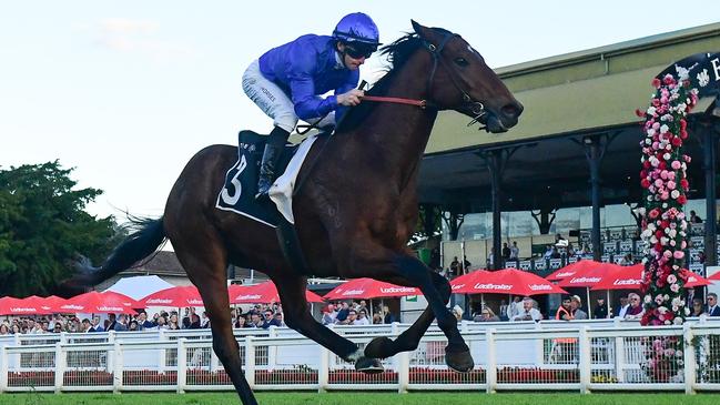 Vilana storms into Group 1 Stradbroke Handicap contention with a dominant Moreton Cup win, giving jockey James McDonald his fifth victory of the day at Eagle Farm. Picture: Grant Peters / Trackside Photography.