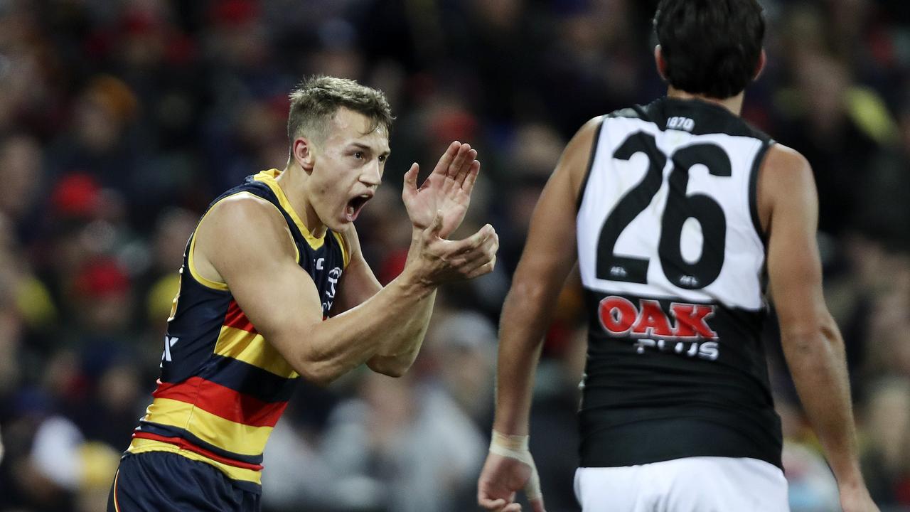 Crow Tom Doedee celebrates after kicking a goal against Port Adelaide in Showdown 45. Picture: SARAH REED.