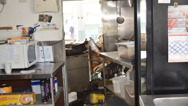 A car crashes into Swan Bites fish and chip shop on Bradman Avenue, Maroochydore.