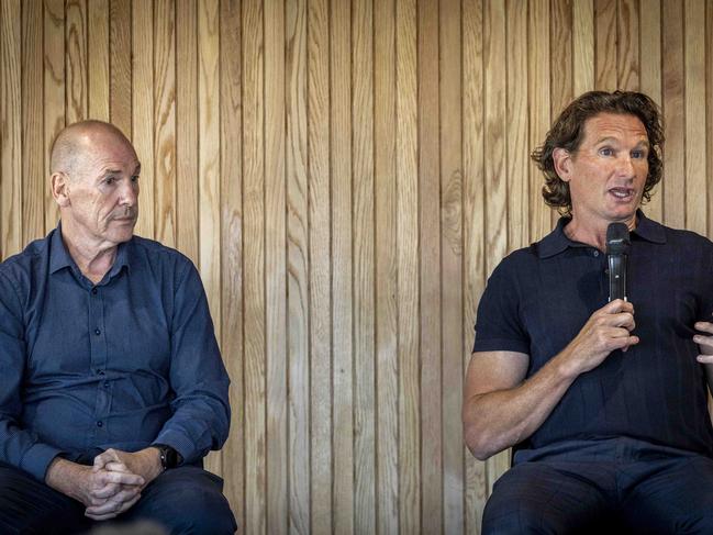 AFL legends James Hird and David Glascott speaking at an event for Fifthqtr Foundation. Picture: Jake Nowakowski