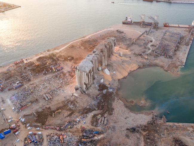 An aerial view of ruined structures at the port in Beirut, Lebanon, after the explosion. Picture: Getty Images