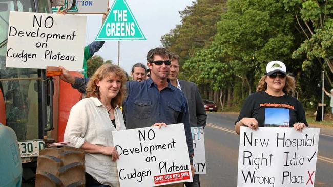 Tweed Shire Conucil Mayor Katie Milne protets outside the site of the new Tweed Valley Hospital at Cudgen. Picture: Scott Powick