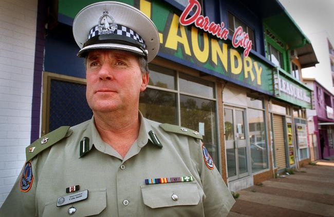 Superintendent Colin Smith outside Darwin City Laundry in where escapee Abbott was apprehended. Picture: Susan Brown