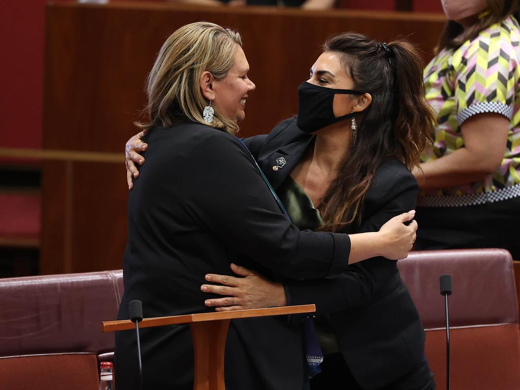 Happier times: Senator Thorpe (right) embraces Senator Cox (left) after her maiden speech in 2021. Picture: NCA NewsWire / Gary Ramage