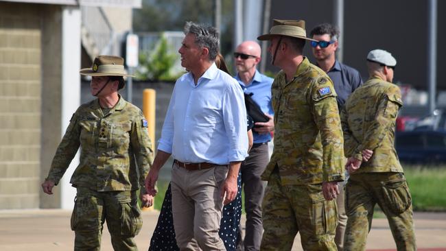 Deputy Prime Minister and Minister of Defence Richard Marles with Brigadier Fern Thompson and Major Liam Clarke during a visit to RAAF Base Townsville to meet the aviators and soldiers who assisted North Queensland during the 2024 floods (18/02/2025)