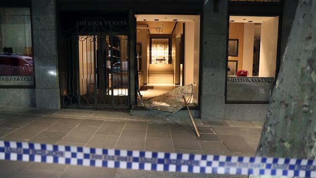 Bottega Veneta’s Collins St was ram raided overnight. Picture: David Crosling