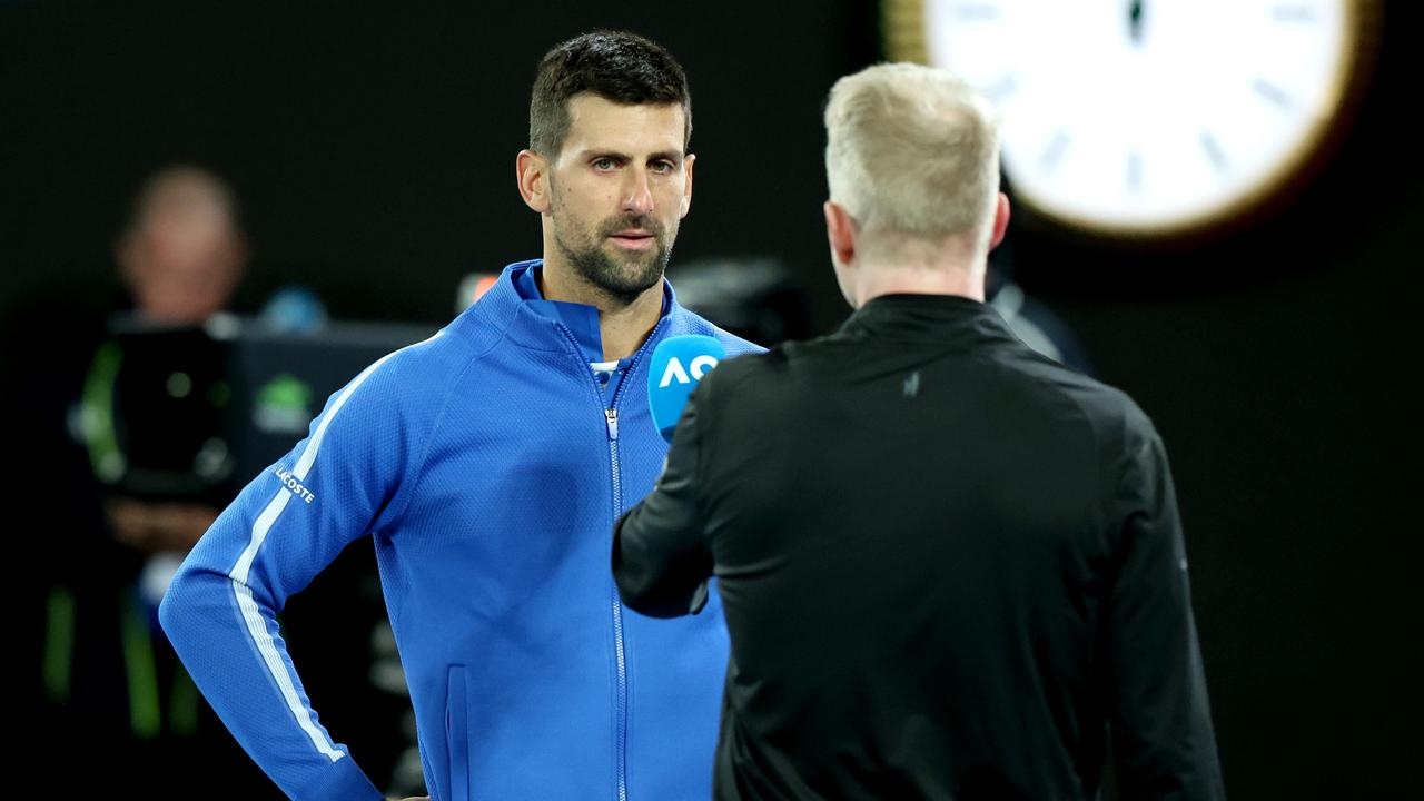 MELBOURNE, AUSTRALIA - JANUARY 17: Novak Djokovic of Serbia is interviewed after winning his round two singles match against Alexei Popyrin of Australia during the 2024 Australian Open at Melbourne Park on January 17, 2024 in Melbourne, Australia. (Photo by Daniel Pockett/Getty Images)