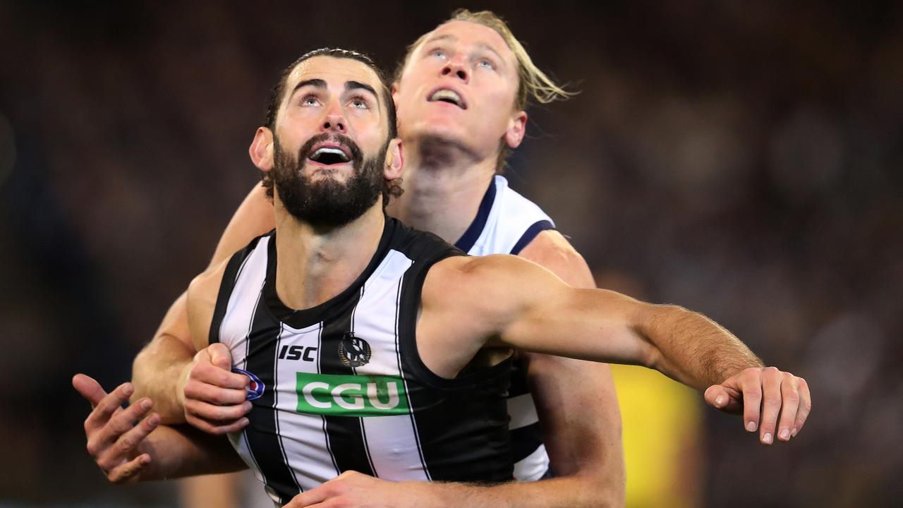 Mark Blicavs takes on Brodie Grundy in the ruck. Picture: Michael Klein