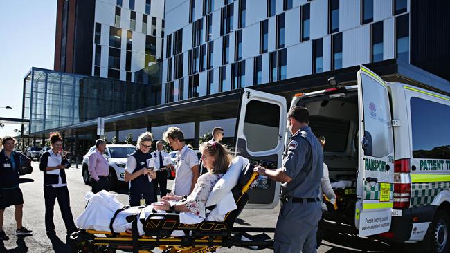 Test patient Lisa McEvoy being moved from Manly hospital to the new Northern Beaches Hospital. Picture: Adam Yip / Manly Daily