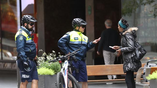 Police patrols George Street in the city during the coronavirus outbreak. Picture John Grainger