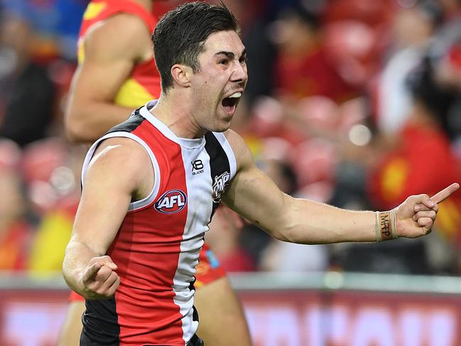 Jade Gresham of the Saints reacts after kicking the winning goal during the Round 13 AFL match between the Gold Coast Suns and the St Kilda Saints at Metricon Stadium at Carrara on the Gold Coast, Saturday, June 16, 2018. (AAP Image/Dave Hunt) NO ARCHIVING, EDITORIAL USE ONLY